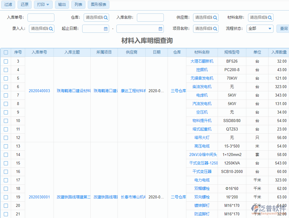材料入庫查詢明細(xì)
