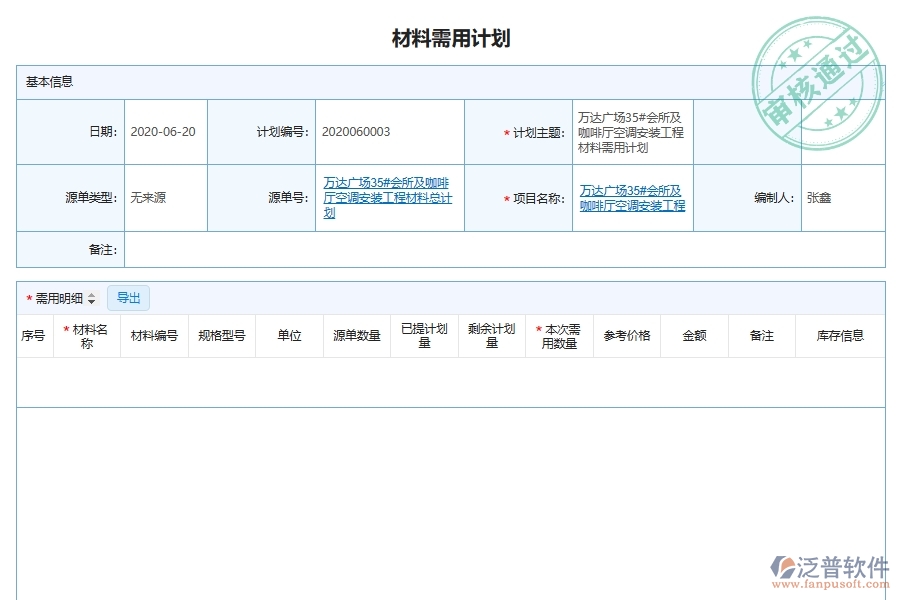 設(shè)備安裝工程材料需用進(jìn)場計劃的列表