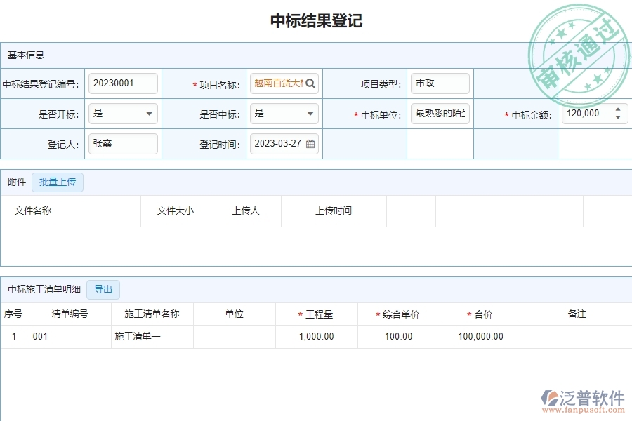 泛普軟件-市政工程企業(yè)管理系統(tǒng)中投標(biāo)項目中標(biāo)情況表的管控點及作用