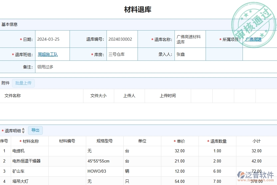 四、泛普軟件-公路工程管理系統(tǒng)在材料退庫明細(xì)查詢中的解決方案