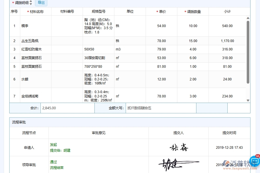 泛普軟件-園林工程企業(yè)管理系統(tǒng)中的內部工地物資調度管理單據(jù)及列表