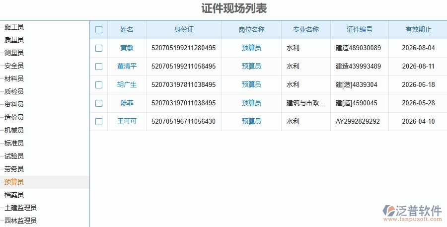 二、泛普軟件-幕墻工程企業(yè)管理系統(tǒng)的證件現(xiàn)場(chǎng)列表為工程企業(yè)帶來(lái)七大管理革新