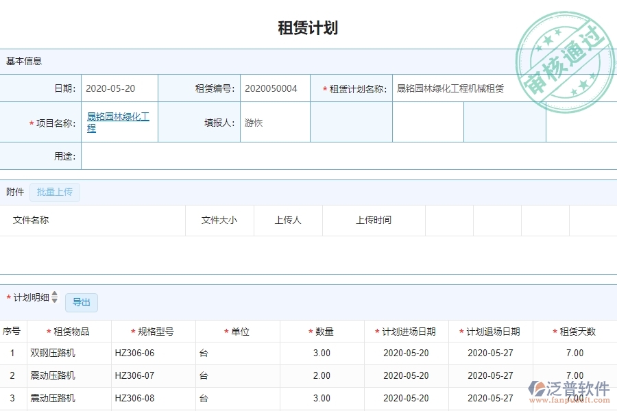 三、泛普軟件-園林工程企業(yè)管理系統(tǒng)的租賃合同的管控點