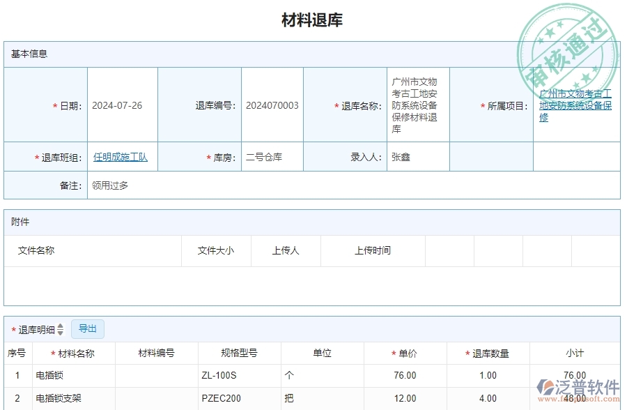 三、泛普軟件-安防工程企業(yè)管理系統(tǒng)材料退庫(kù)明細(xì)查詢的管控點(diǎn)及作用